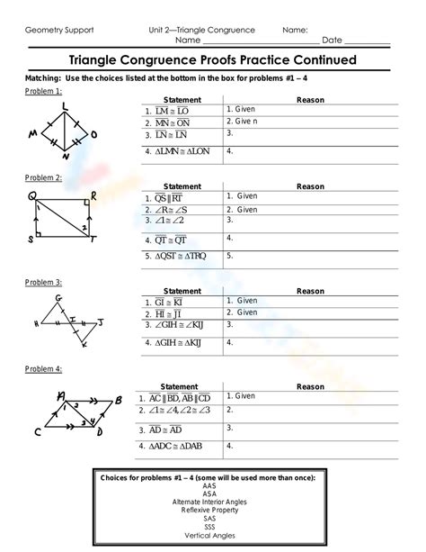 Triangle Congruence Proofs Practice Worksheet