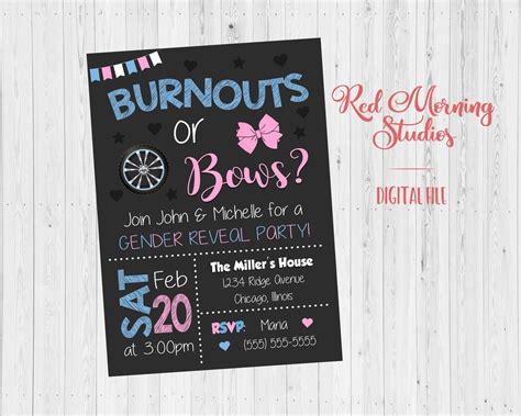 Burnouts Or Bows Gender Reveal Invitation PRINTABLE Baby Etsy