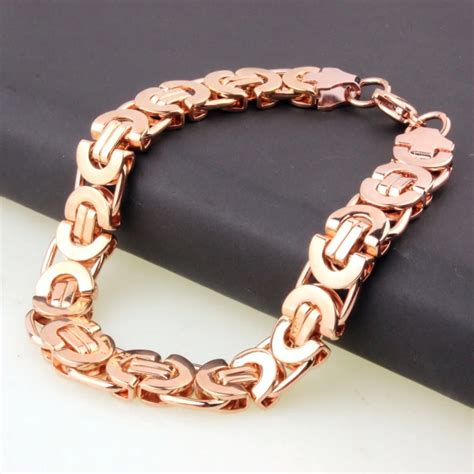 Charm Rose Gold Flat Byzantine Chain Bracelet Elegance Womens Men Stainless Steel Cuff Jewelry