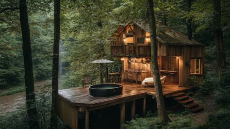 Wooden Cabin With Hot Tub Nestled In A Lush Forest By A Stream Stock Illustration Illustration