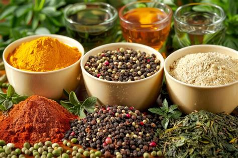 Aromatic Culinary Spices And Herbs Assortment On A Table With Bowls Of