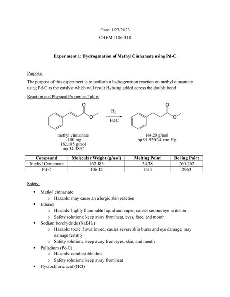 Lab 1 Hydrogenation Of Methyl Cinnamate Using Pd C Date 127 Chem