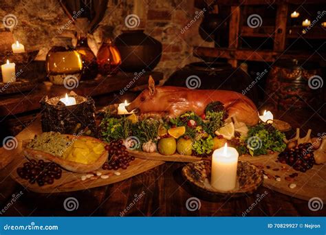 Medieval Ancient Kitchen Tabe With Typical Food In Royal Castle Stock ...