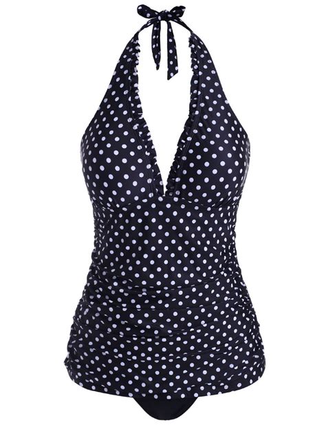 [37 Off] 2020 Polka Dot Frilled Halter Backless Tankini Swimwear In Black Dresslily