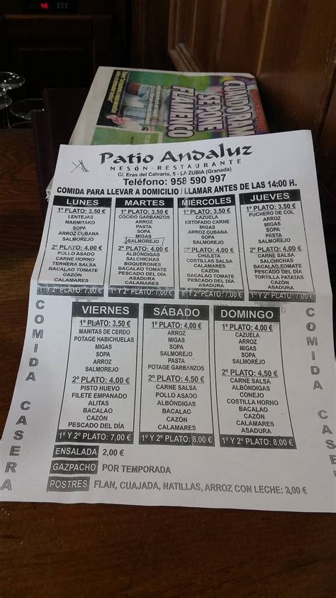 Carta De Mes N Restaurante Patio Andaluz La Zubia