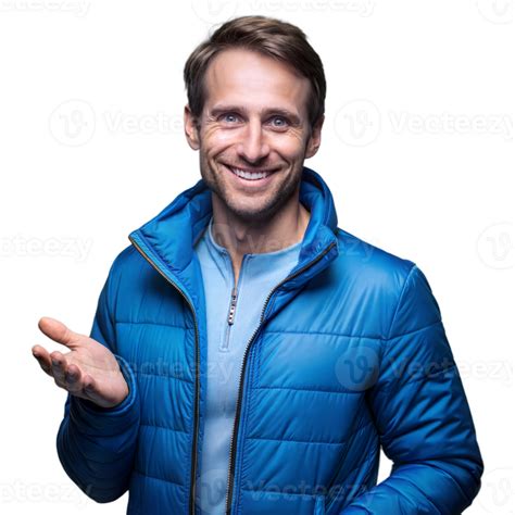 Smiling Man Wearing Blue Puffer Jacket Isolated On Transparent