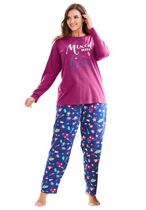 Dreams And Co Plus Size Long Sleeve Knit Pj Set Pajamas