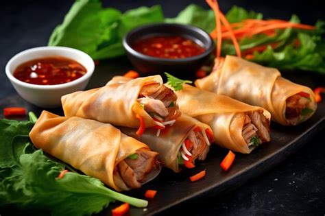 Premium Photo Delicious Meat Spring Rolls With Vegetables And Served