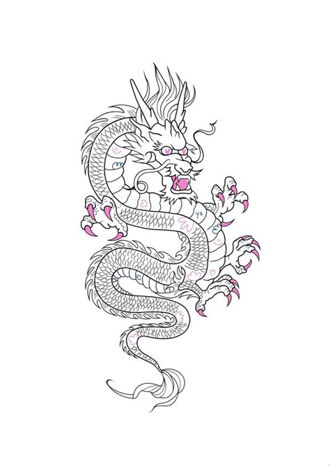 A Drawing Of A Dragon With Pink Flowers On Its Chest And Head In Black