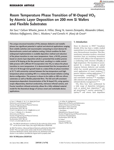 Pdf Room Temperature Phase Transition Of W‐doped Vo2 By Atomic Layer Deposition On 200 Mm Si