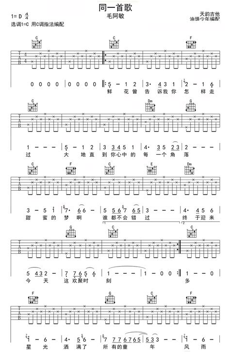 同一首歌吉他谱 毛阿敏 C调吉他弹唱谱 琴谱网