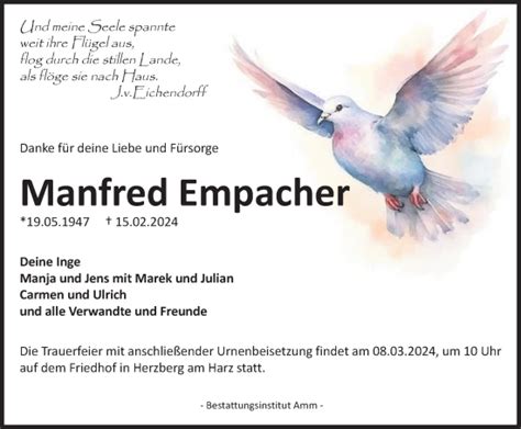 Traueranzeigen Von Manfred Empacher Harztrauer De