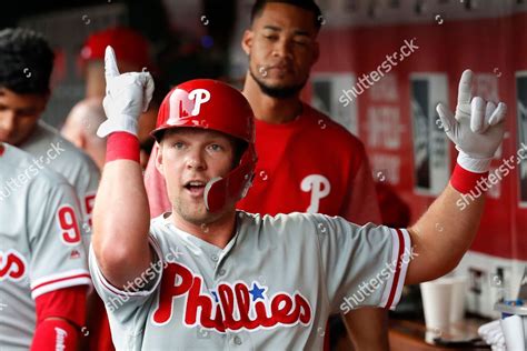 Philadelphia Phillies Rhys Hoskins Celebrates Dugout Editorial Stock