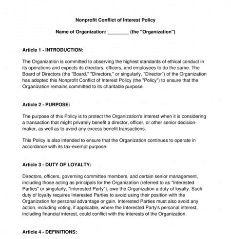 Nonprofit Conflict of Interest Policy - FREE - Template