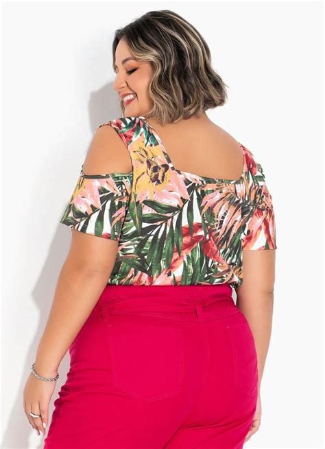 Marguerite Blusa Floral Rosa Com Ombros Vazados Plus Size