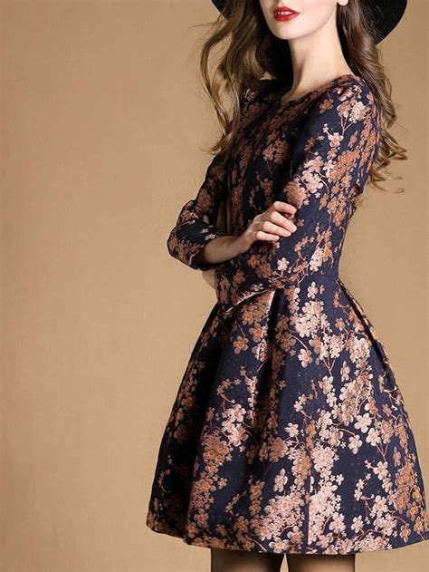 Multicolor Round Neck Long Sleeve Jacquard Dress Casual Work Dresses Classy Dress Fashion