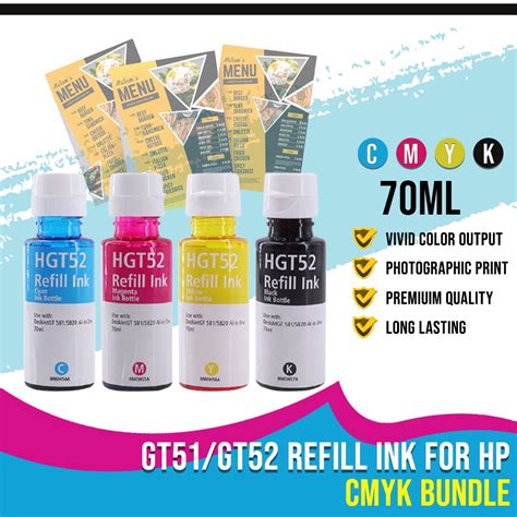 Refill Ink HP Deskjet Compatible GT51 GT52 GT53 GT53XL CMYK Bundle