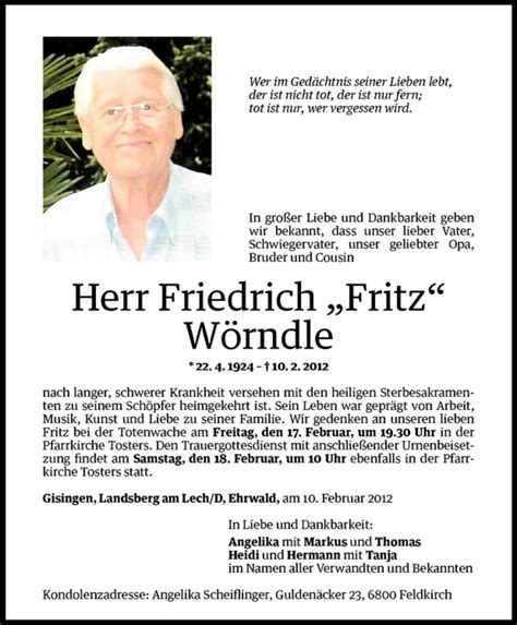 Todesanzeigen Von Friedrich Fritz W Rndle Todesanzeigen