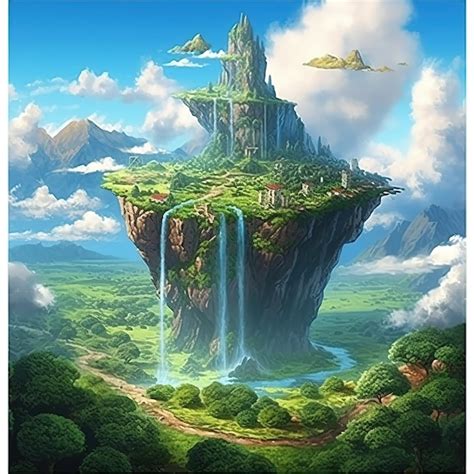 Una Pintura De Una Isla De Fantas A Con Una Cascada Y Una Cascada