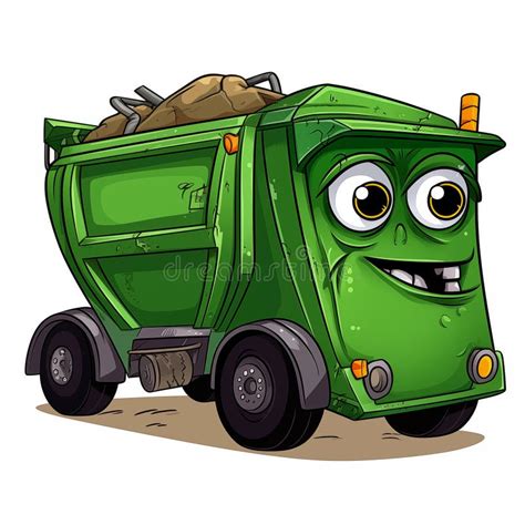 Smiling Green Cartoon Garbage Truck with Trash Load Stock Illustration ...