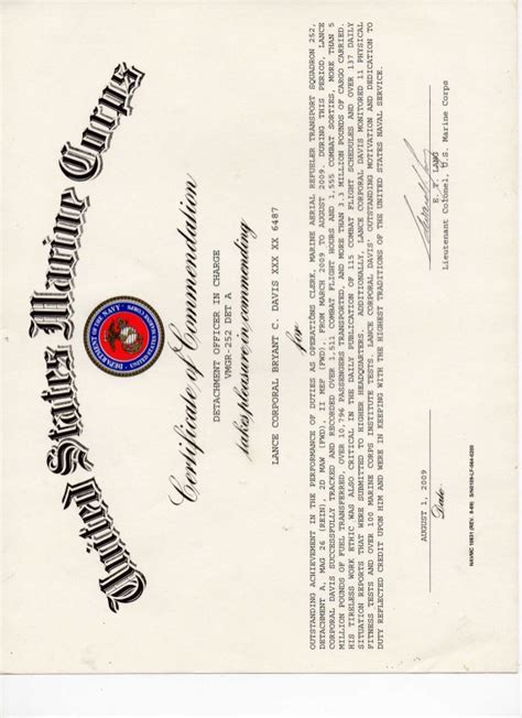 USMC Certificate Of Commendation Example