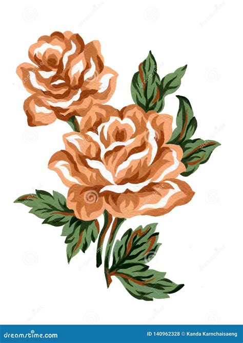 Watercolor Gouache Flower Orange Brown Rose Bouquet Green Leaves