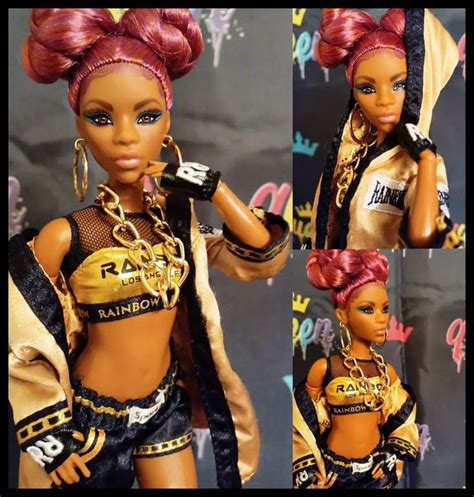 Two Pictures Of A Barbie Doll With Pink Hair And Gold Outfit Holding A