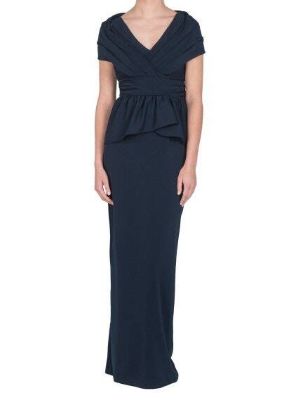 New Badgley Mischka Navy Portrait Collar Peplum Evening Gown Dress