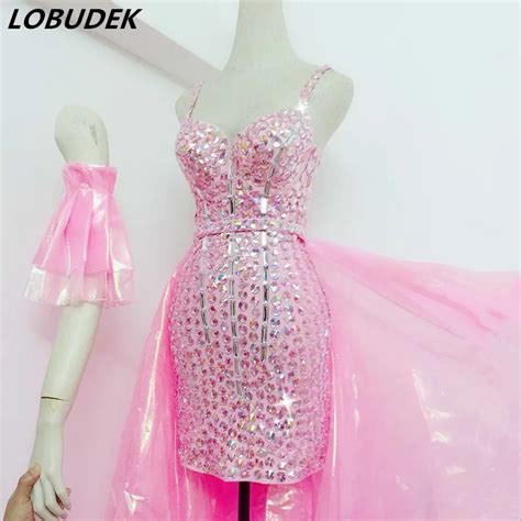 Sparkly Rhinestones Pink Strap Dress Long Yarn Tail Outfits Sexy Nightclub Bar Women Singer