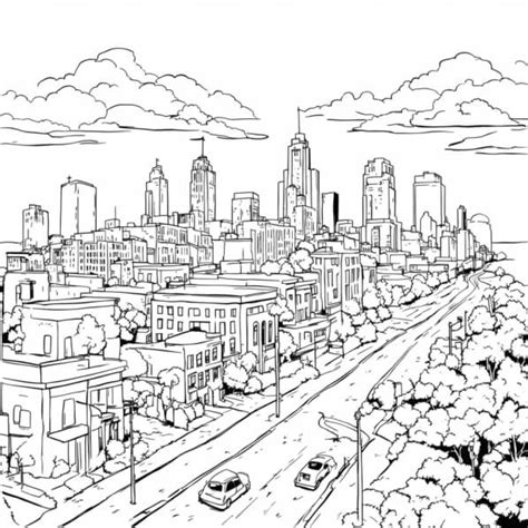 Descarga Dibujo De Paisaje Urbano En Blanco Y Negro Para Colorear Y