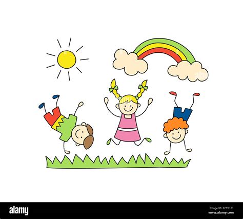 Fun children play outdoors. Cute doodle kids, sun and rainbow Stock Vector Image & Art - Alamy