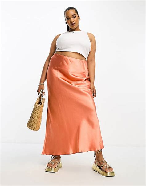 Asos Design Curve Satin Bias Midi Skirt In Apricot Asos