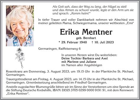 Traueranzeigen Von Erika Mentner Augsburger Allgemeine Zeitung