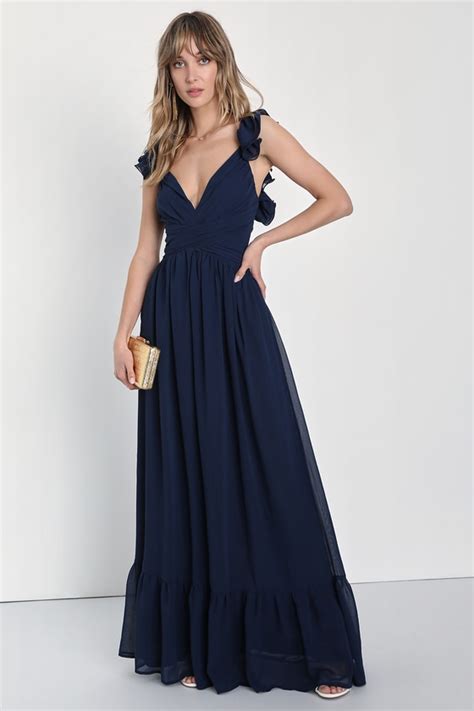 Navy Blue Dress Backless Lace Up Dress Ruffled Maxi Dress Lulus