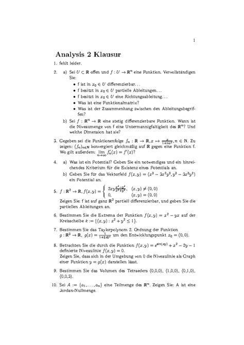 Analysis Ss Klausur Analysis Klausur Fehlt Leider A Sei