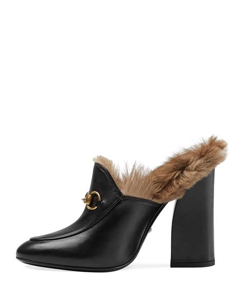 Gucci Princetown Fur Lined High Heel Mule Black