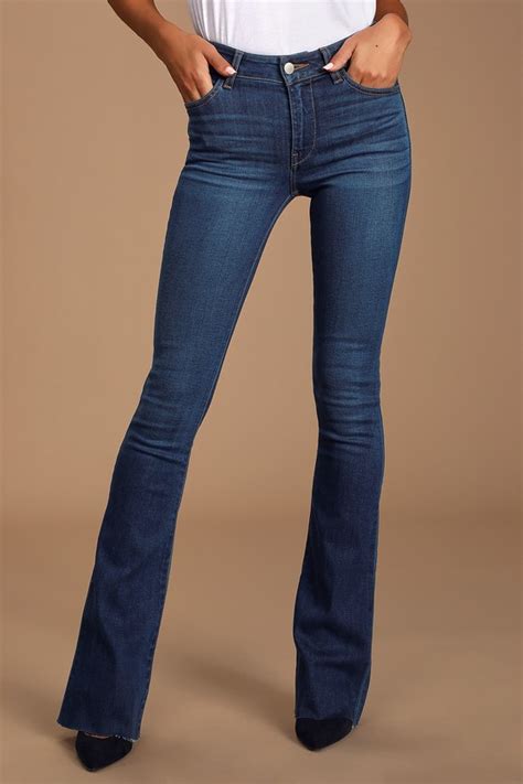 Cute Dark Wash Denim Jeans Flare Jeans Flared Mid Rise Jeans Lulus