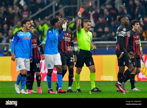 Milano Italy 12th Apr 2023 Referee Istvan Kovacs Hands Out A Red