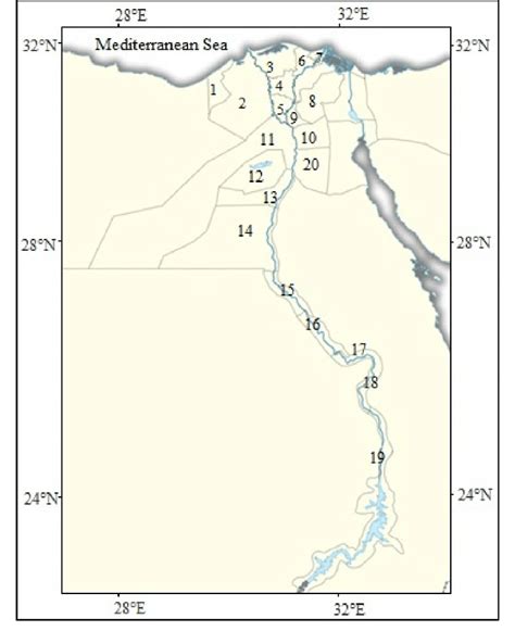 The Egyptian Nile Region; Nile Delta are: 1. Alexandria, 2. Beheira, 3 ...