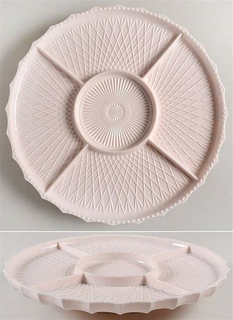 Shell Pink Milk Glass Lazy Susan Base 5 Part Tray And Ball Bearing Ring By Jeannette