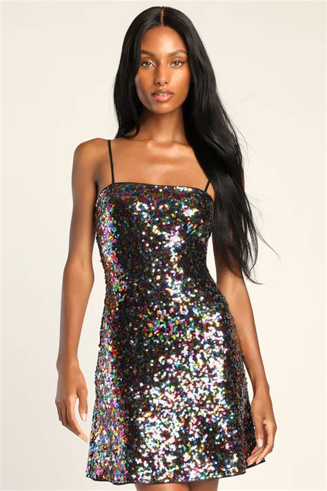 Cute Multi Sequin Dress Mini Skater Dress Black Sequin Dress Lulus