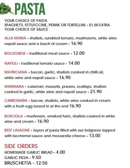 Menu at Mimmo's Pizza restaurant, Brookvale