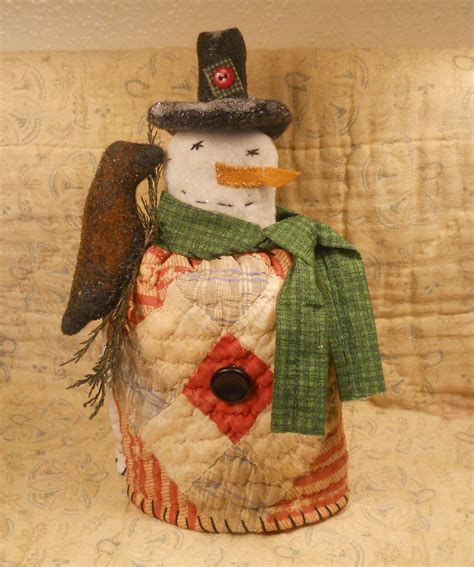 Primitive Folk Art Snowman Made From Antique Quilt Primitive Christmas