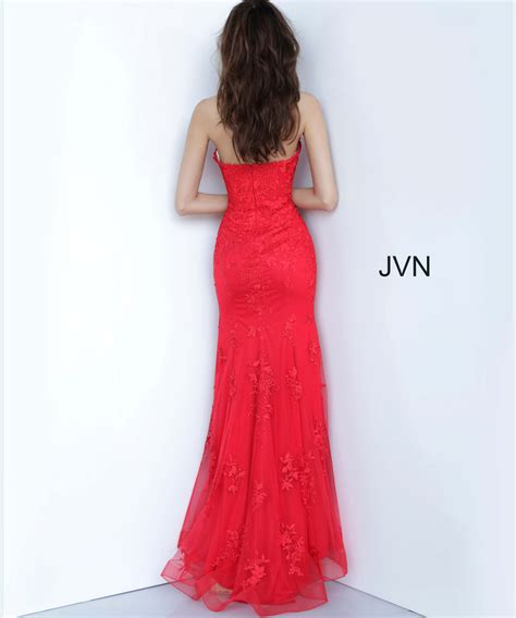 Jvn3097 Dress Jvn Red Lace Strapless Straight Neckline Prom Dress