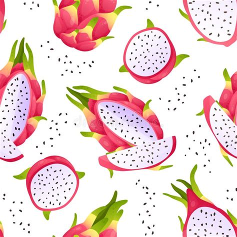 Pitaya Pattern Seamless Texture With Whole Half And Pieces Of Exotic