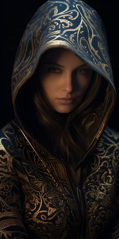 A Woman Wearing A Gold And Blue Outfit With A Hood Over Her Head