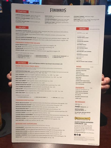 Menu At Firebirds Wood Fired Grill Pub Bar Indianapolis