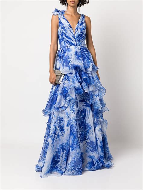 Marchesa Notte Floral Print V Neck Gown Farfetch