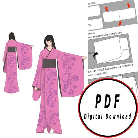 Diy Kimono Dress Fantasy Japanese Template Pattern Blueprint Pdf Vector