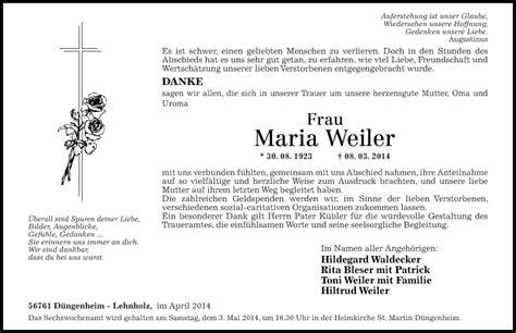 Traueranzeigen Von Maria Weiler Rz Trauer De